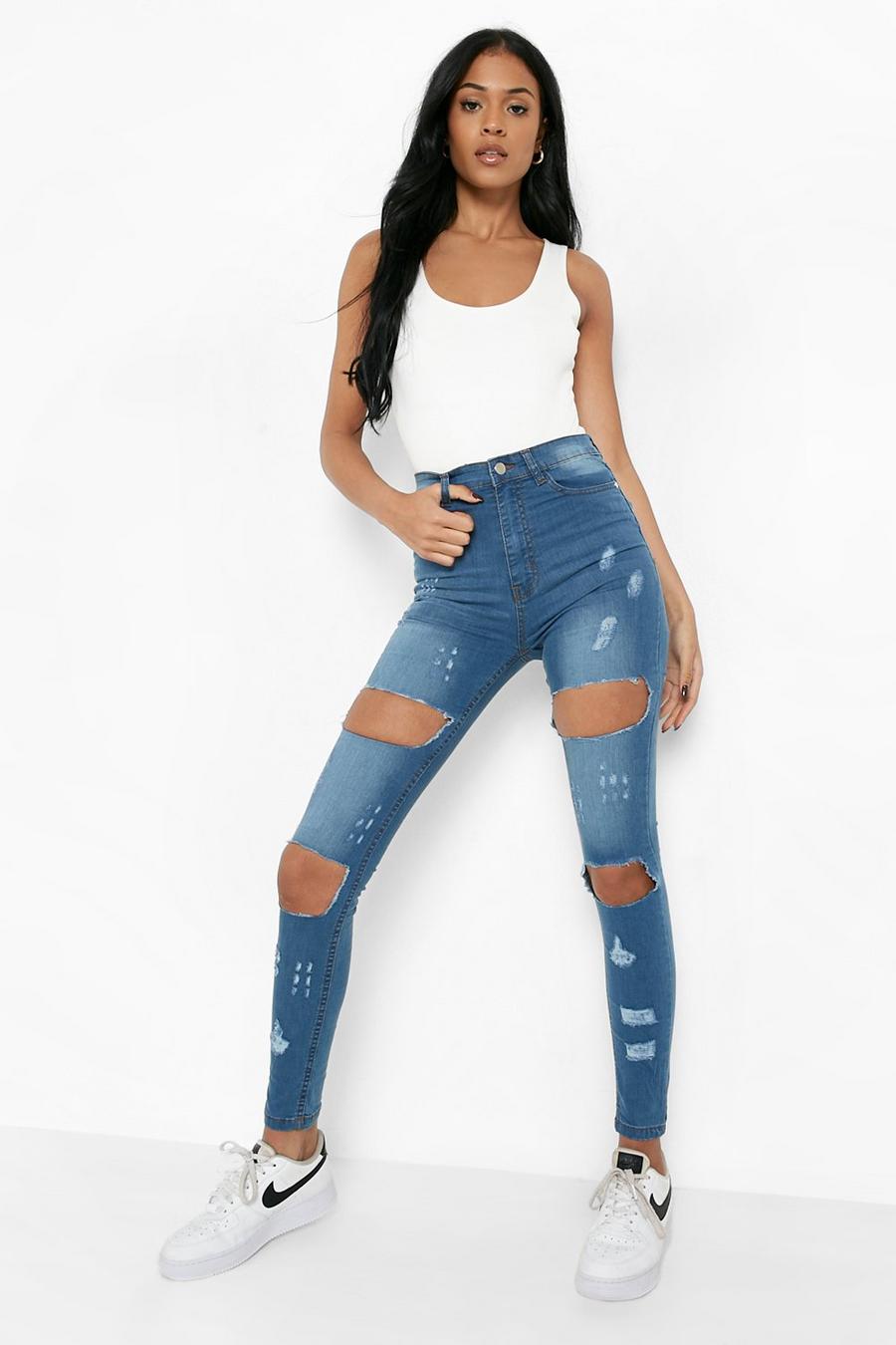 Mid blue Tall All Over Distressed Skinny Jeans image number 1