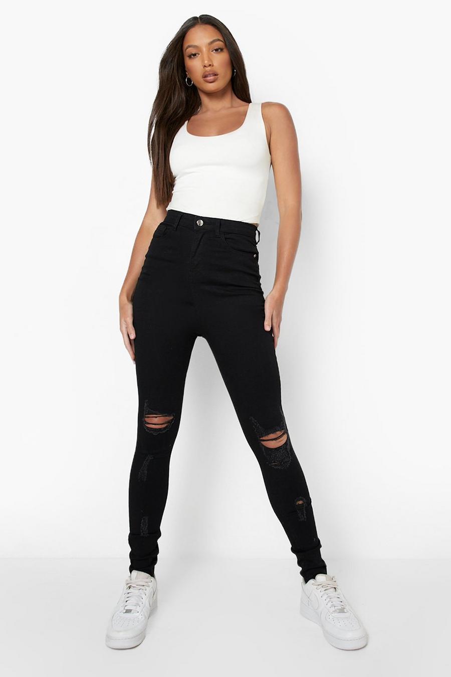 שחור דהוי סקיני ג'ינס high rise עם קרעים לנשים גבוהות image number 1