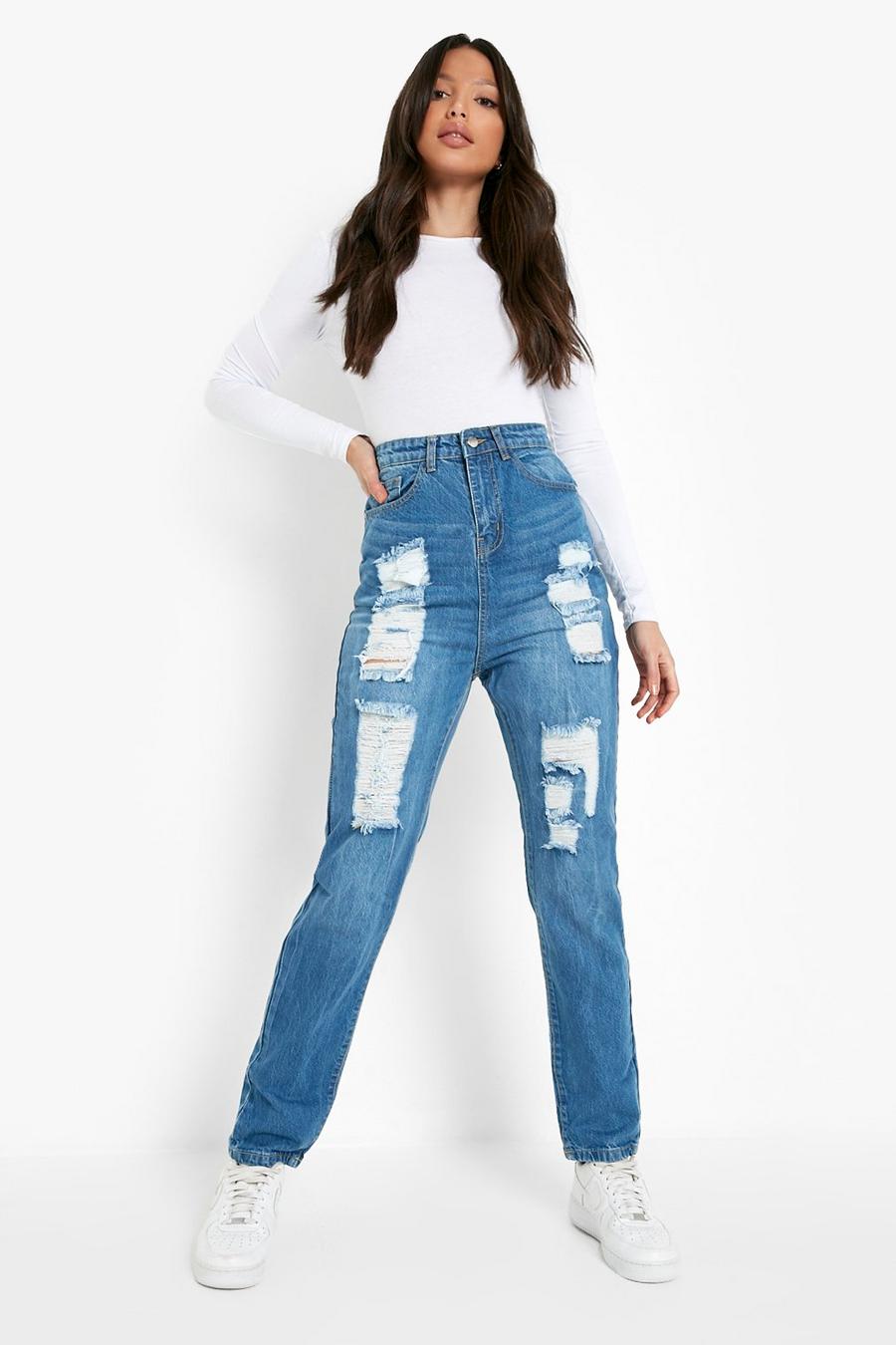 כחול ביניים ג'ינס High Rise בגזרת מאם עם קרעים גדולים במיוחד לנשים גבוהות image number 1