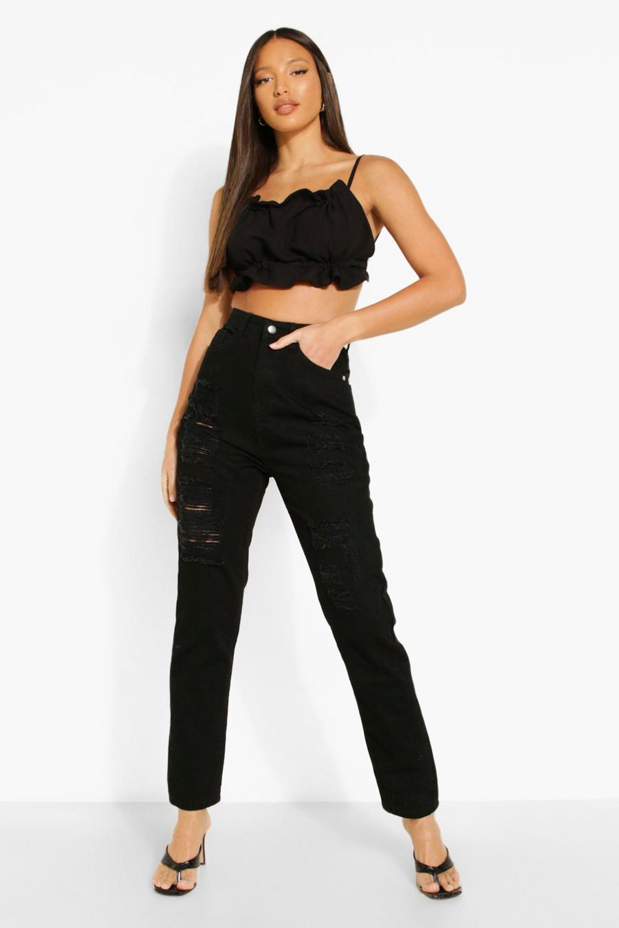 שחור ג'ינס High Rise בגזרת מאם עם קרעים גדולים במיוחד לנשים גבוהות image number 1