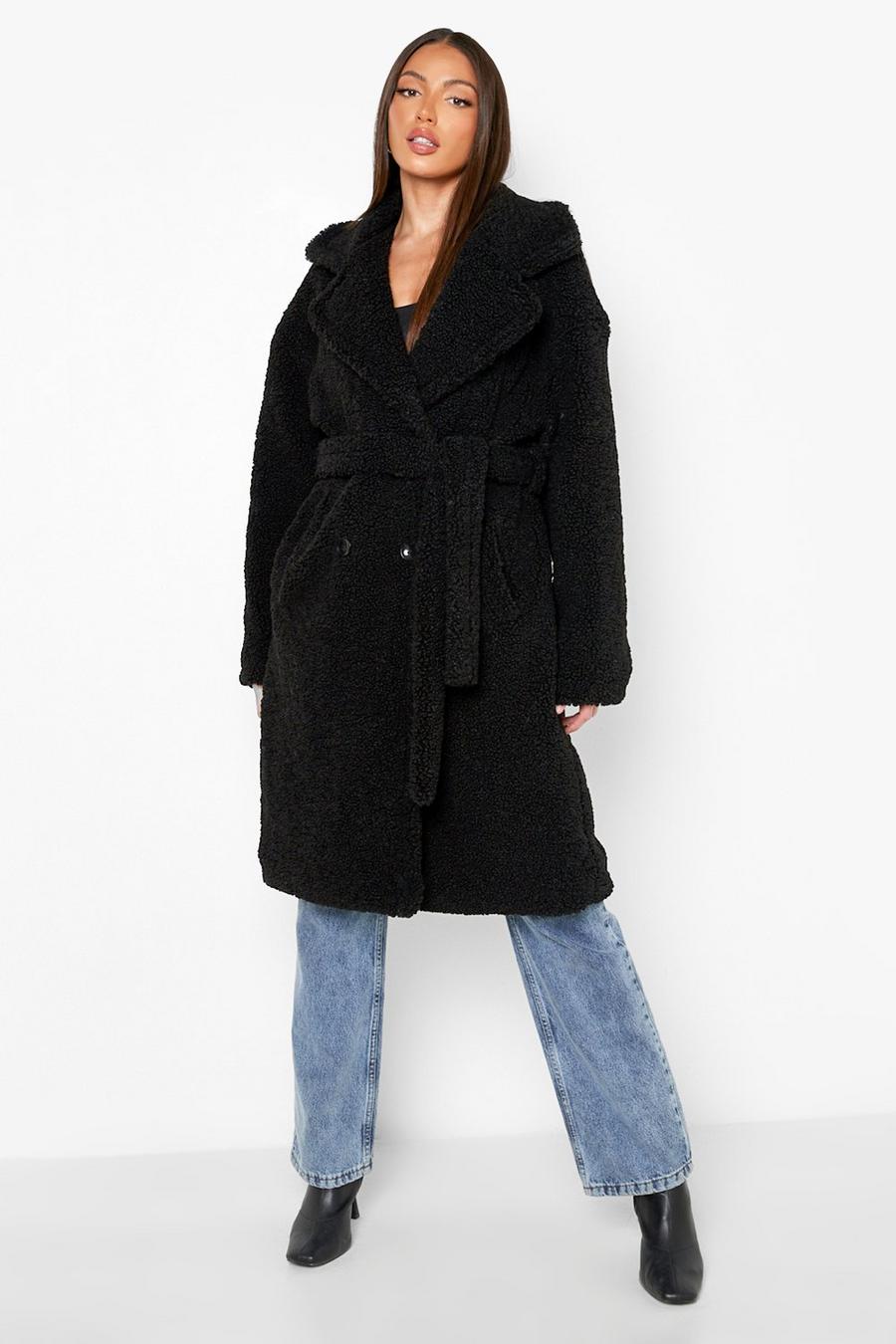 Black Tall Teddy Faux Fur Belted Coat image number 1