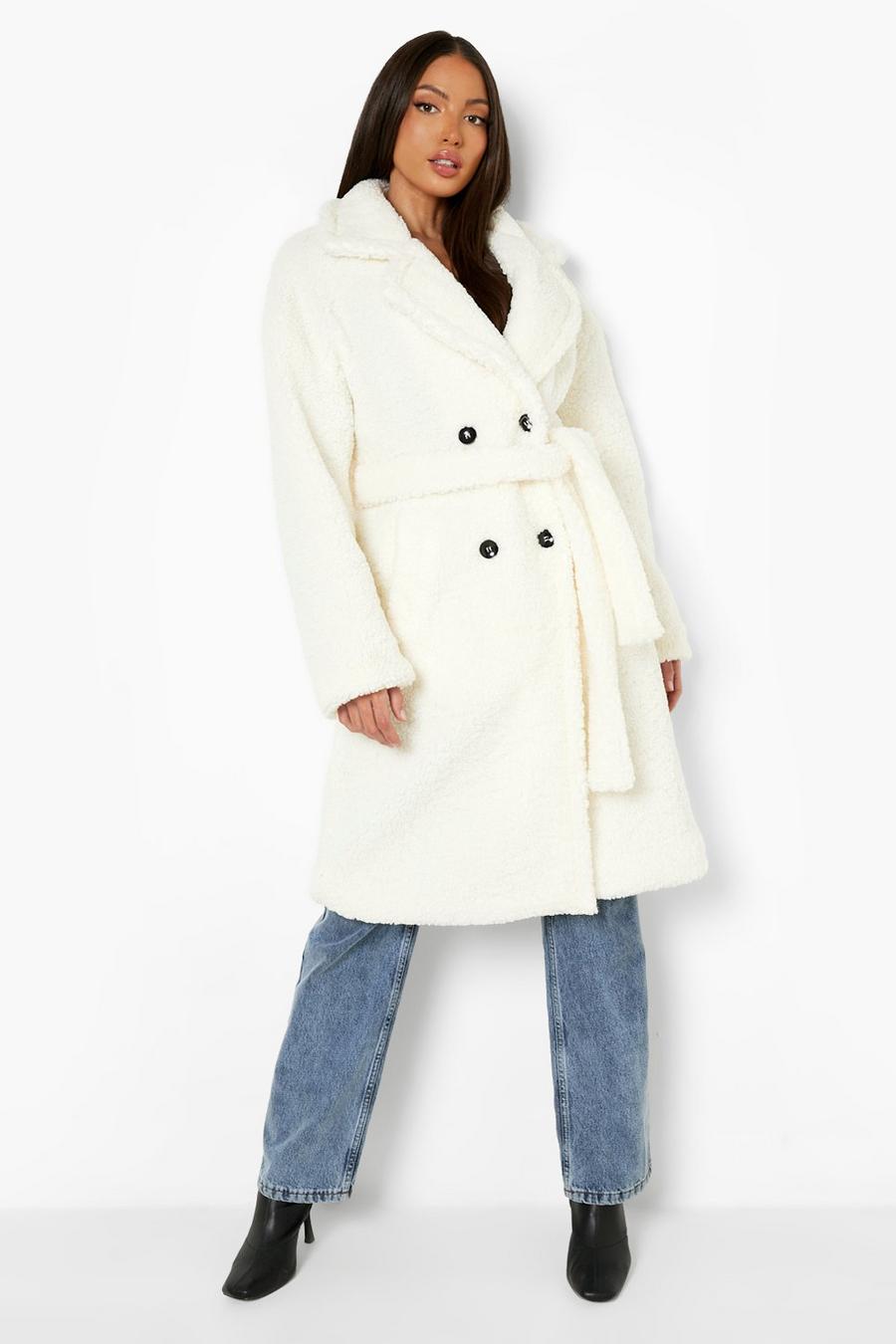 Cream Tall Teddy Faux Fur Belted Coat image number 1