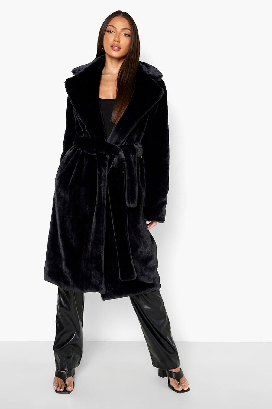 Black svart Tall Faux Fur Belted Oversized Coat image number 1