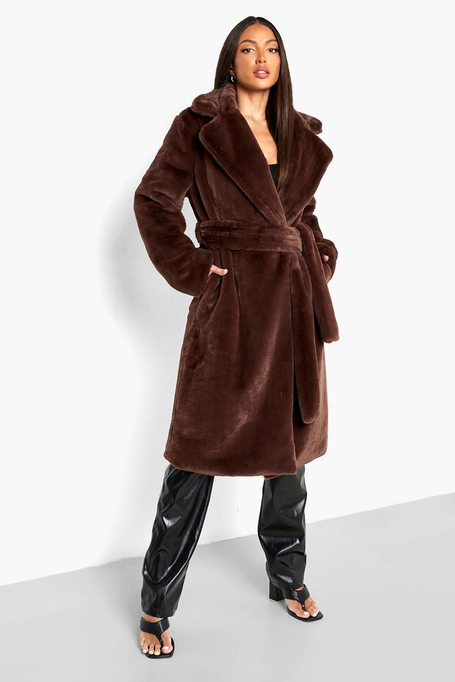 Chocolate Tall Faux Fur Belted Oversized Coat image number 1