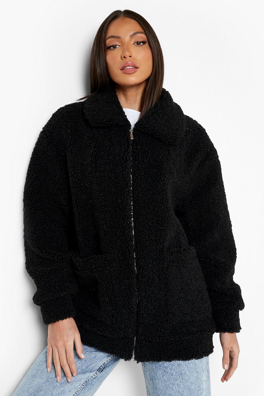 Black Tall Teddy Faux Fur Bomber Jacket image number 1
