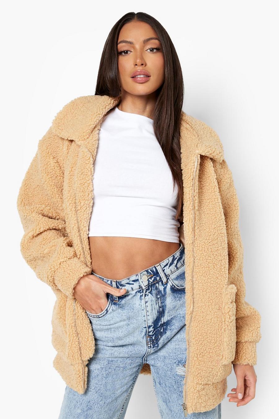 Camel Tall Faux Fur Teddy Bomberjack image number 1