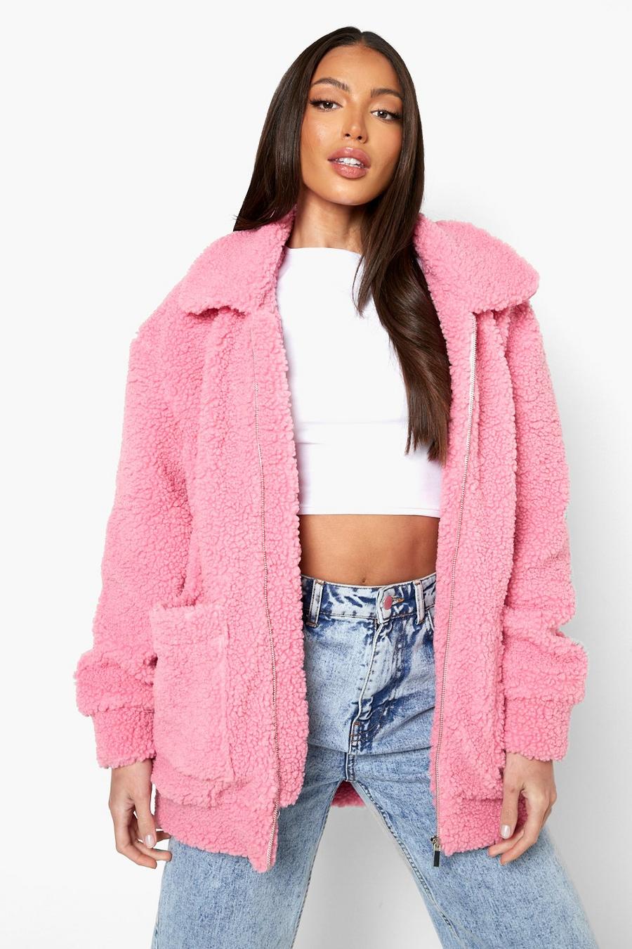 Dusky pink Tall Teddy Faux Fur Bomber Jacket image number 1
