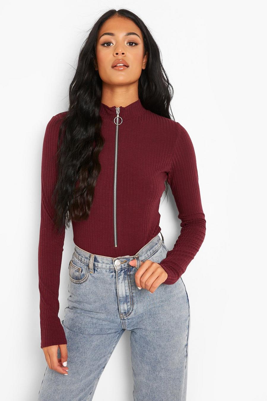 Berry Tall Zip Front Knitted Rib Bodysuit image number 1