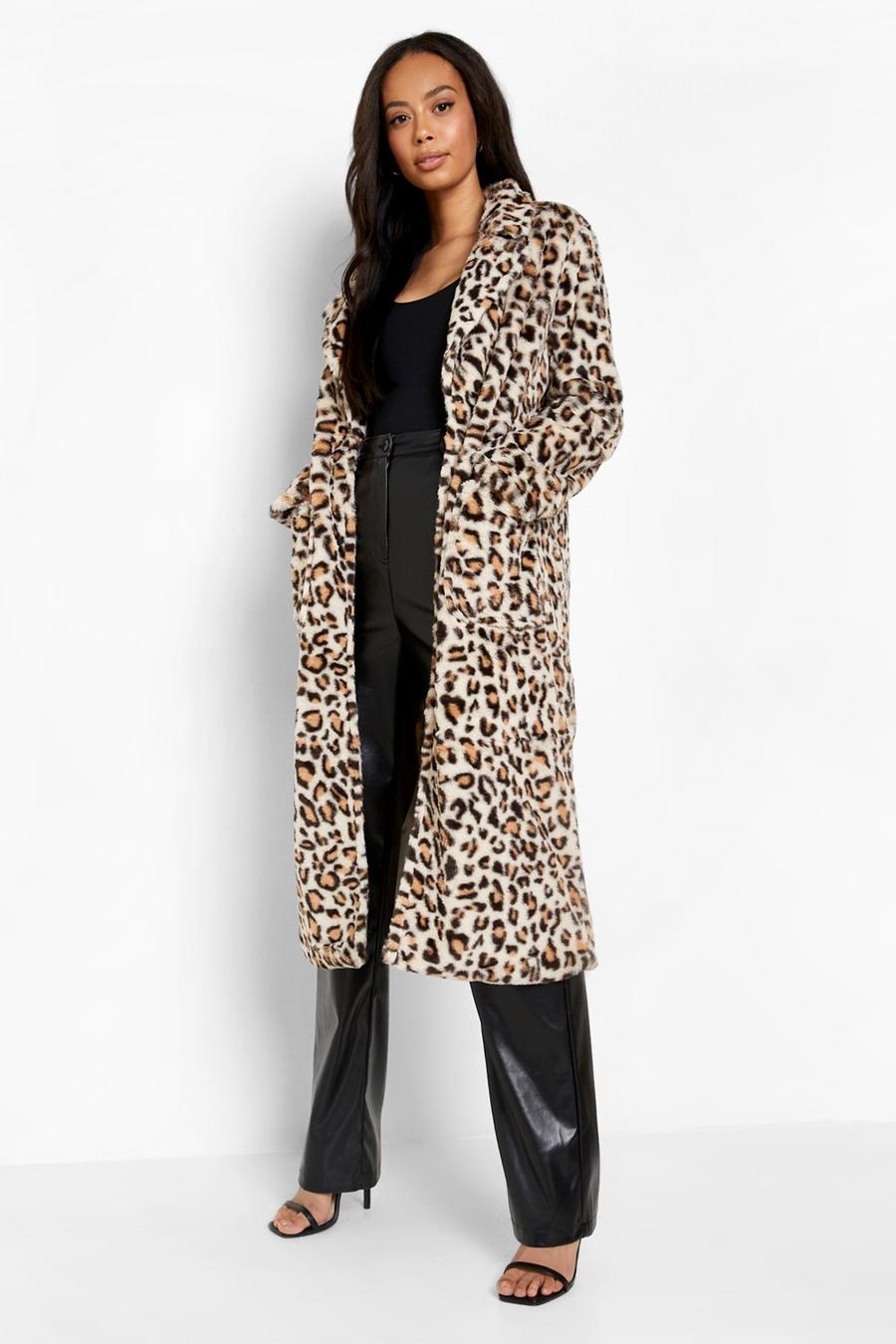 Brown Tall Faux Leopard Fur Coat image number 1