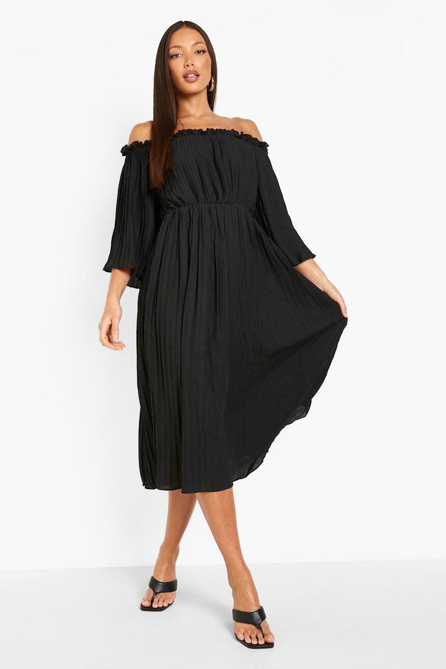 Black Tall Pleated Off The Shoulder Skater Midi Dress image number 1