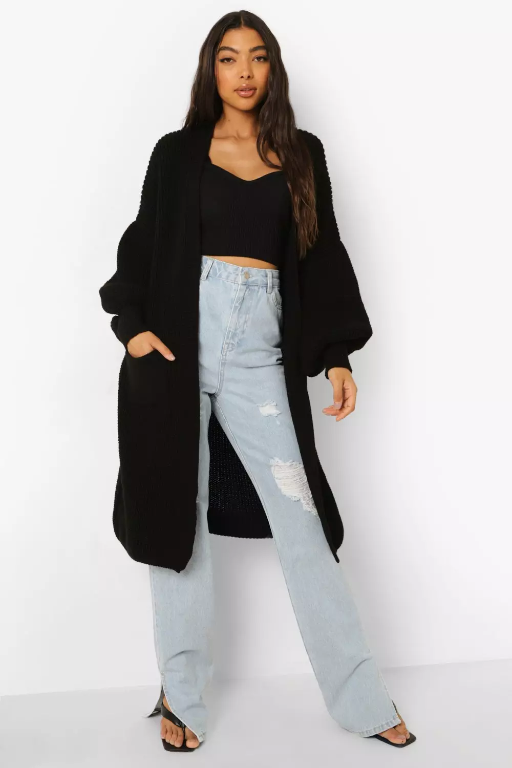 Boohoo long black top cardigan