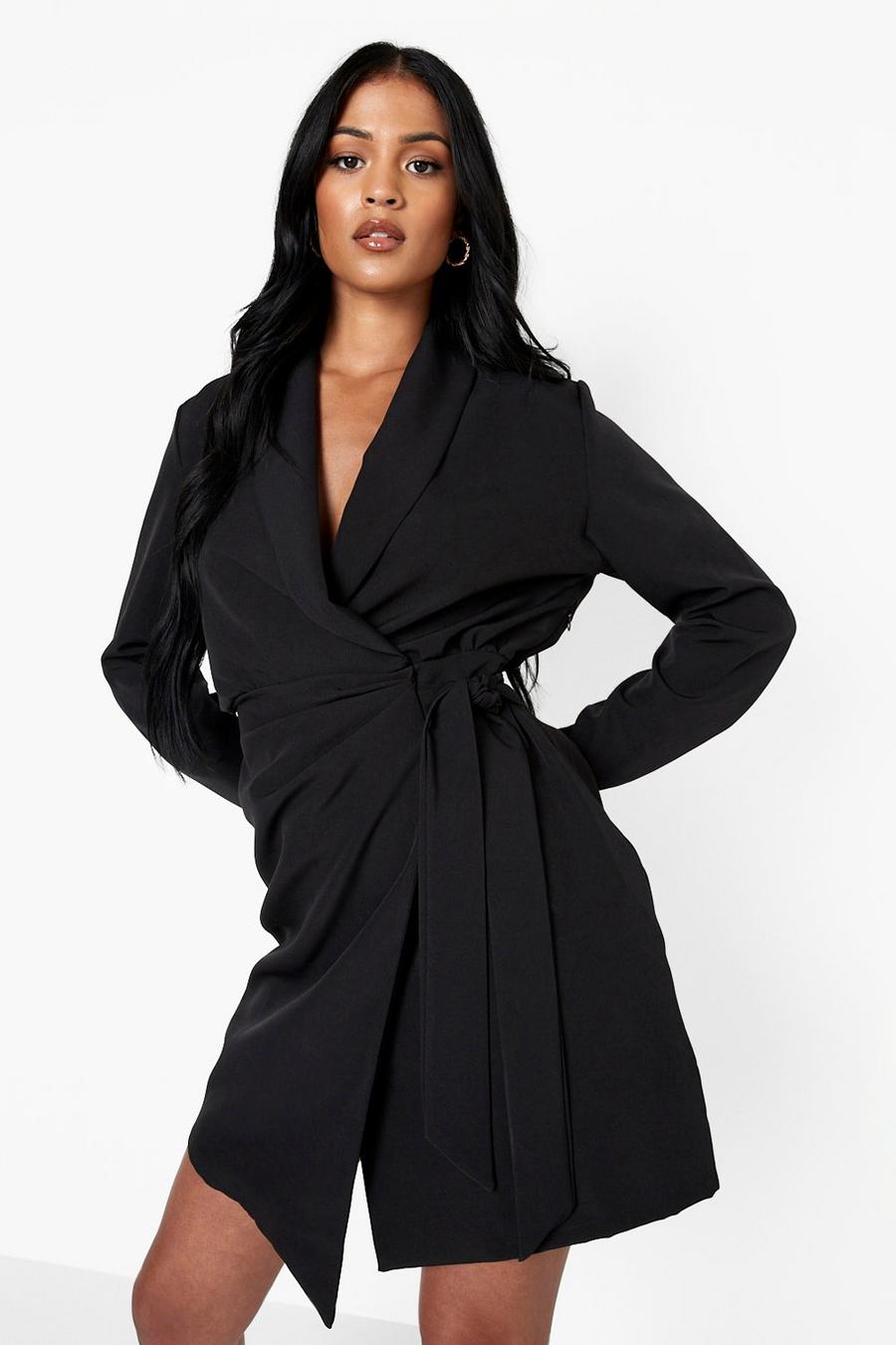 Black Tall Neon Woven Ruched Side Tie Blazer Dress image number 1