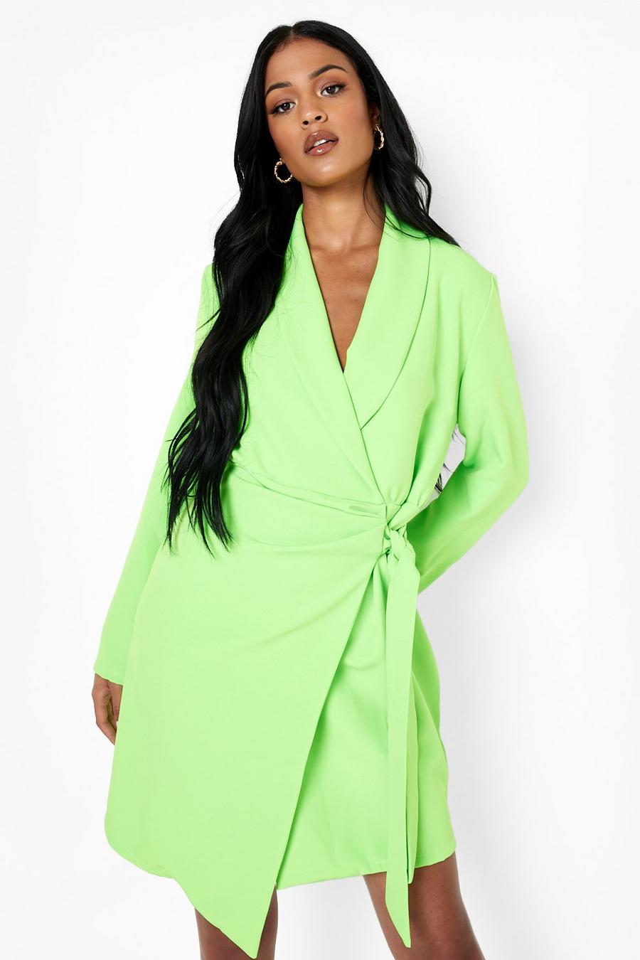 ירוק ניאון שמלת בלייזר ארוגה עם קפלים וקשירה בצד בצבעי ניאון לנשים גבוהות image number 1