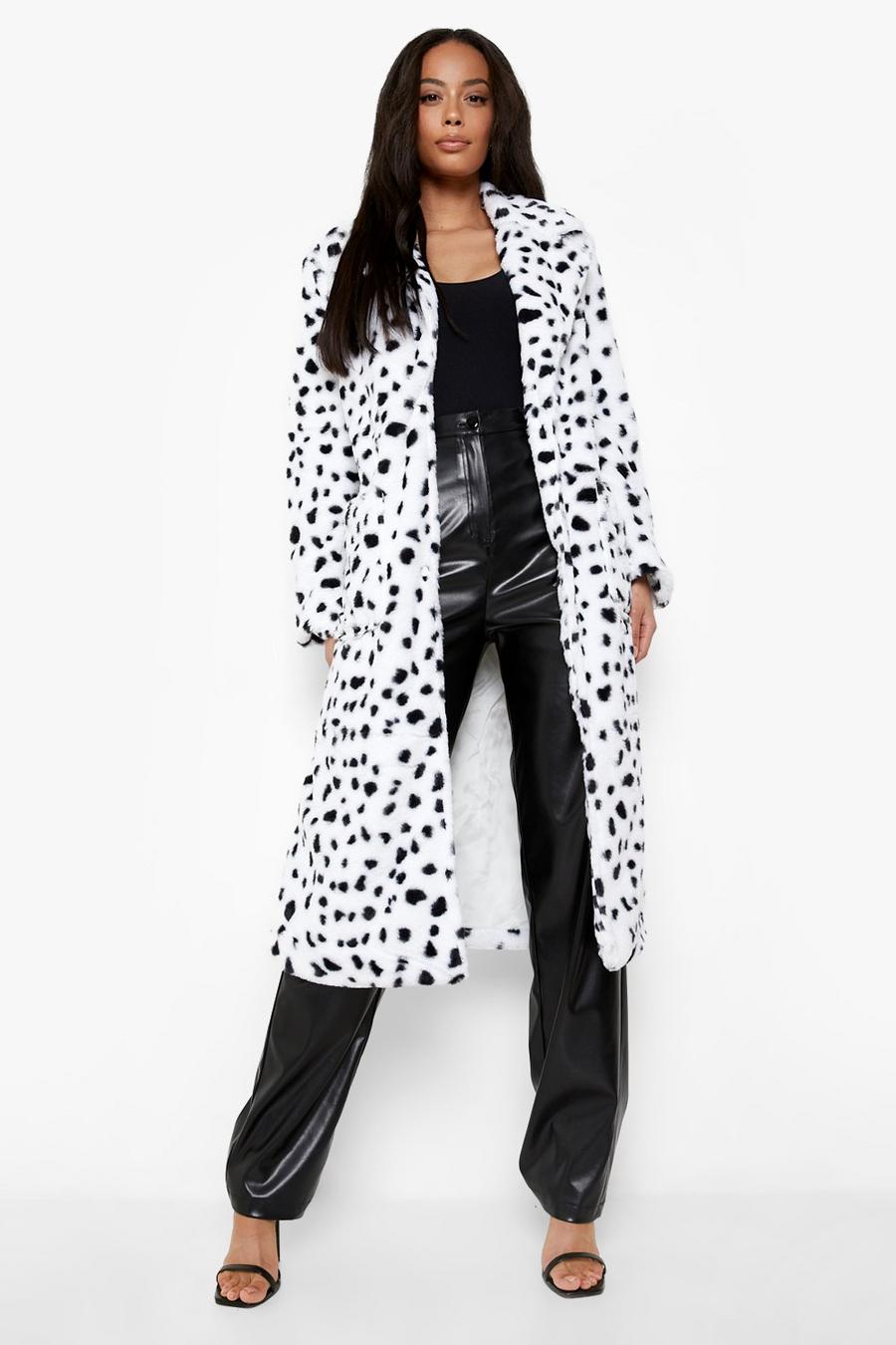 White Tall Dalmatian Faux Fur Coat image number 1