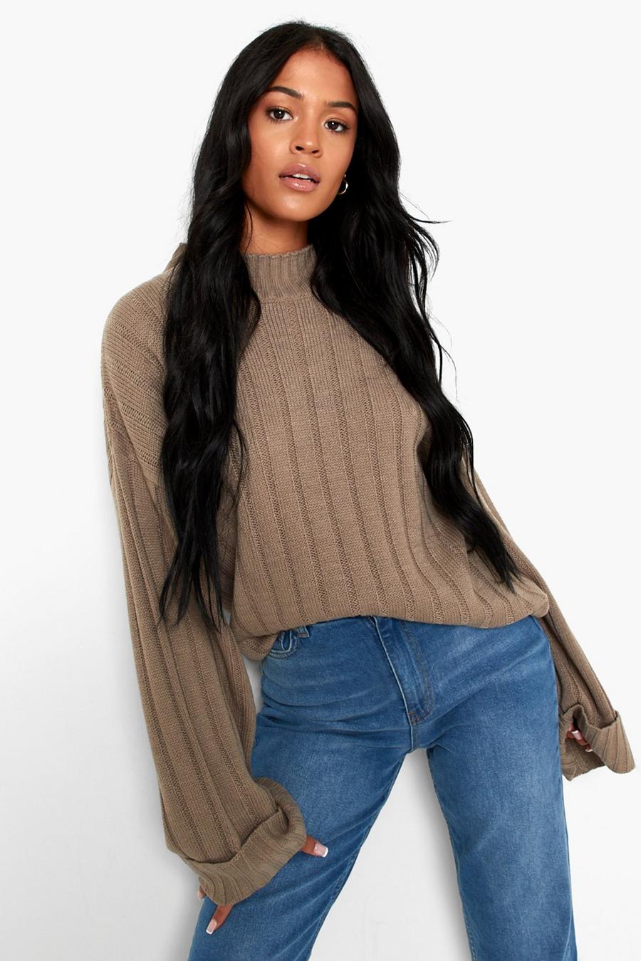 Khaki Tall Recycled Wide Rib Turn Up Cuff Sweater image number 1