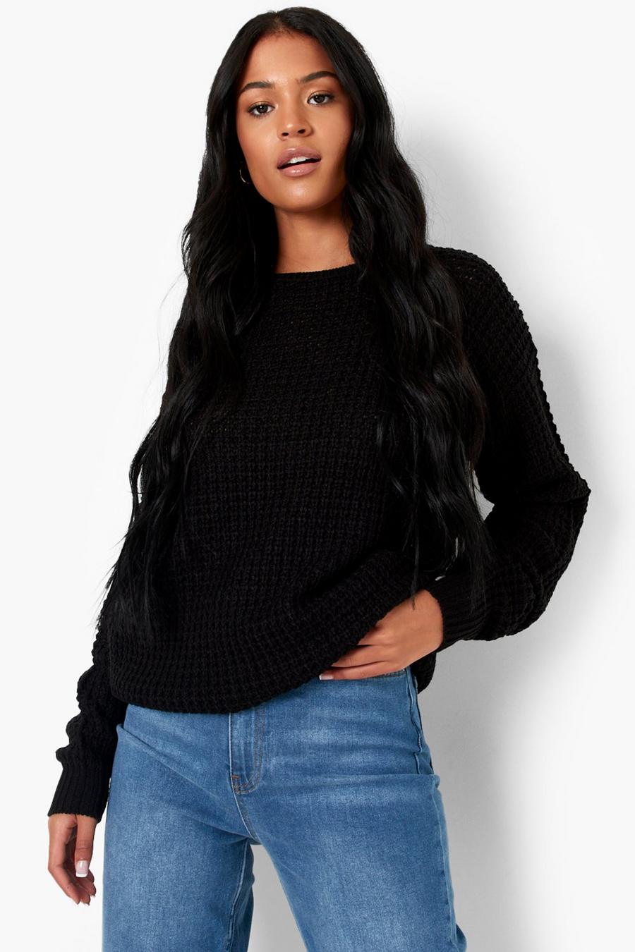 שחור סוודר מבד ממוחזר בסריגת וופל לנשים גבוהות