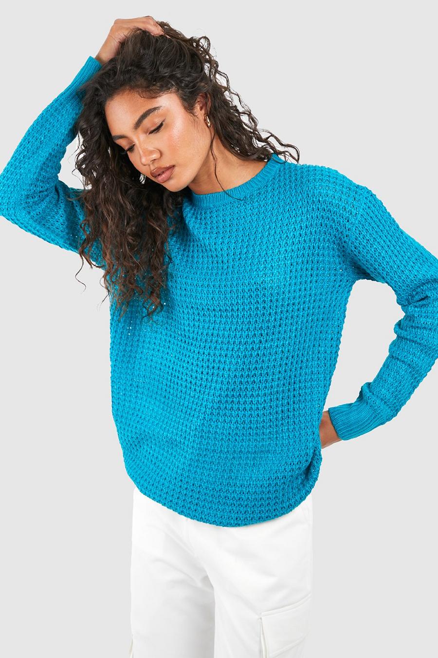 Tall Pullover in Waffeloptik, Teal image number 1