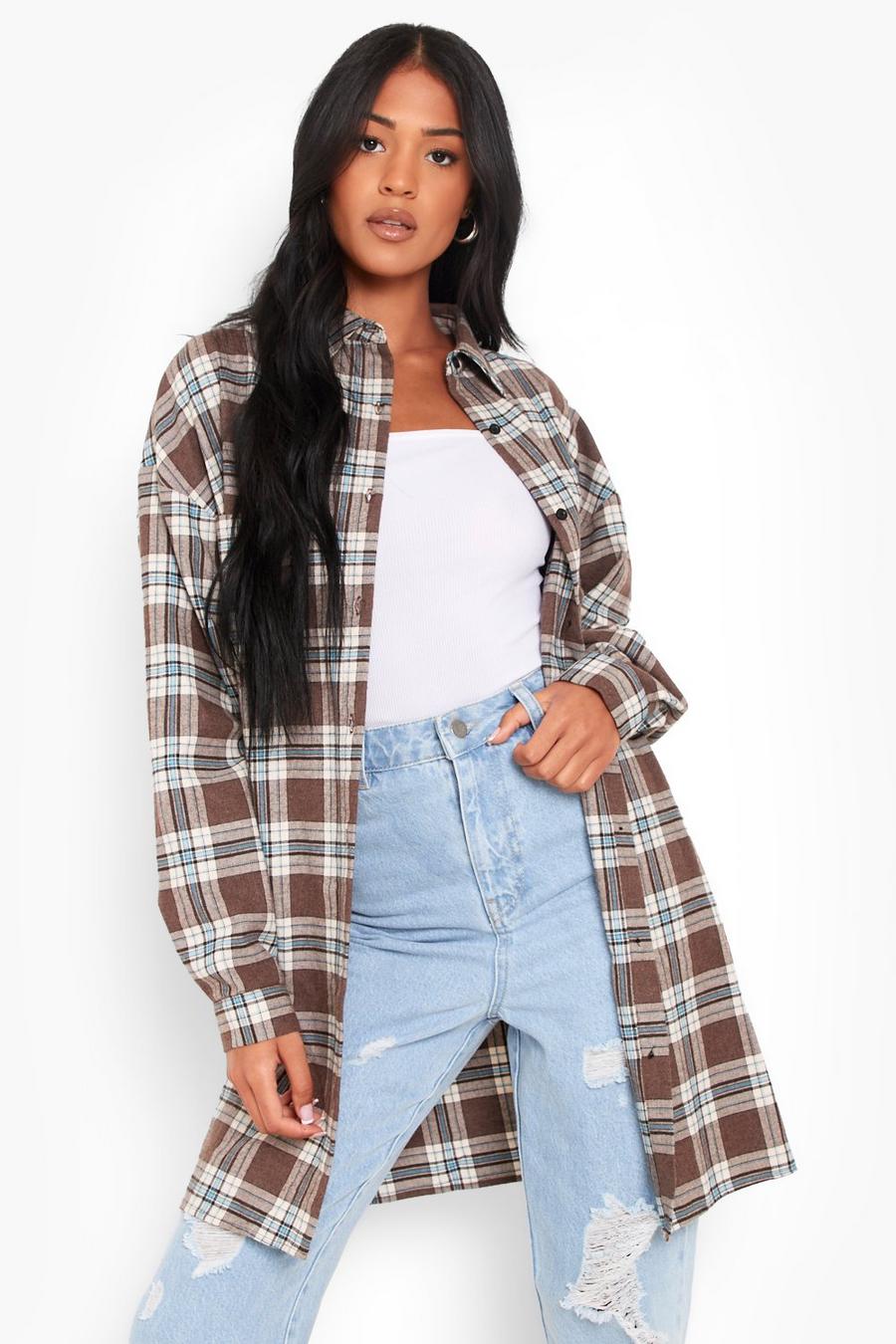 Brown Tall Oversized Check Shirt image number 1