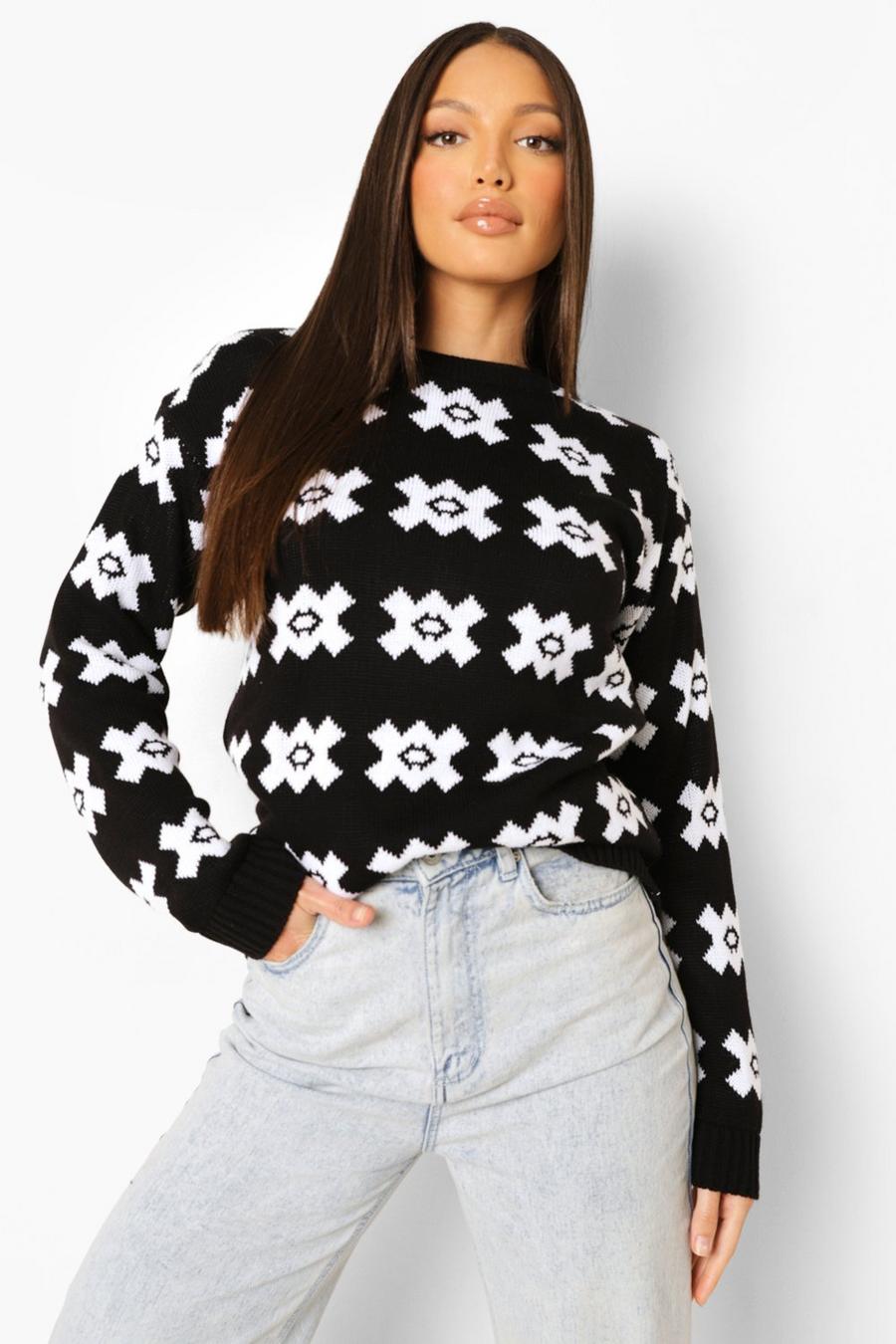 Black Tall Knitted Floral Sweater image number 1