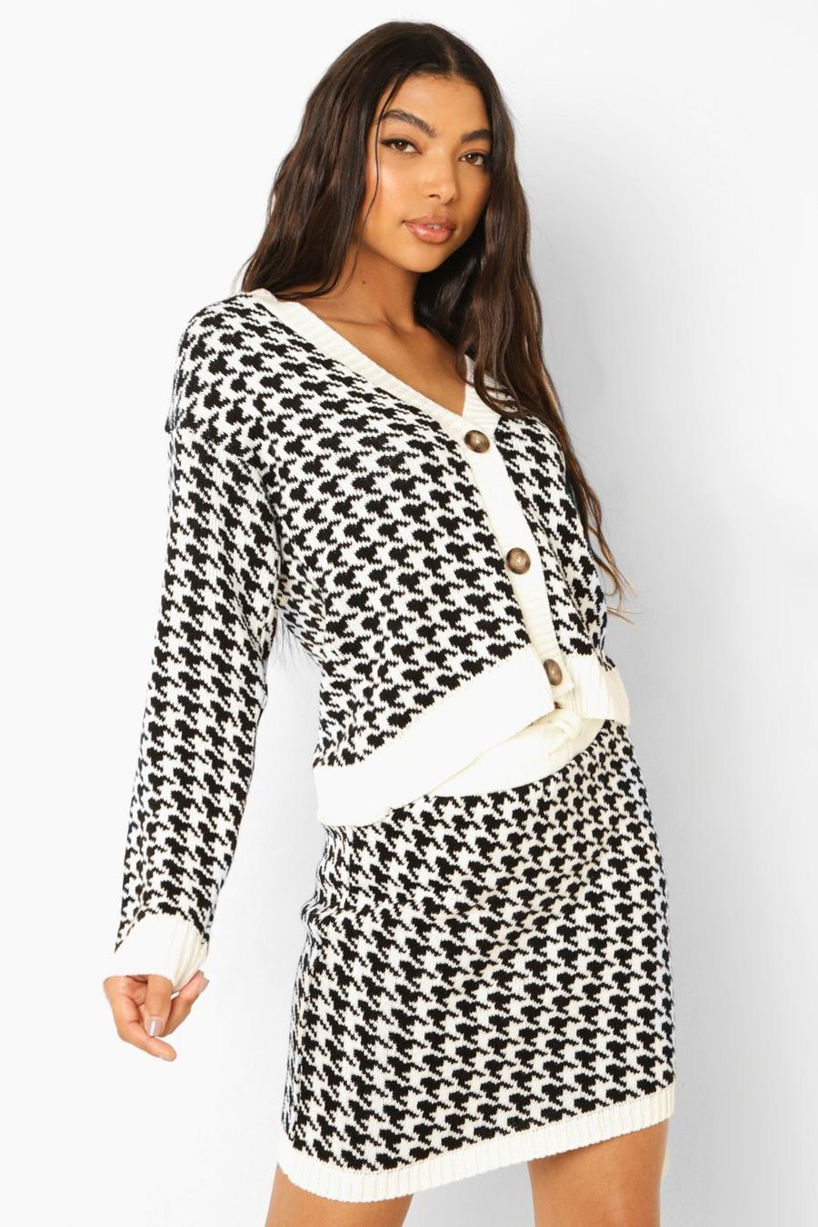 Black Tall Knitted Dogtooth Cropped Cardigan image number 1