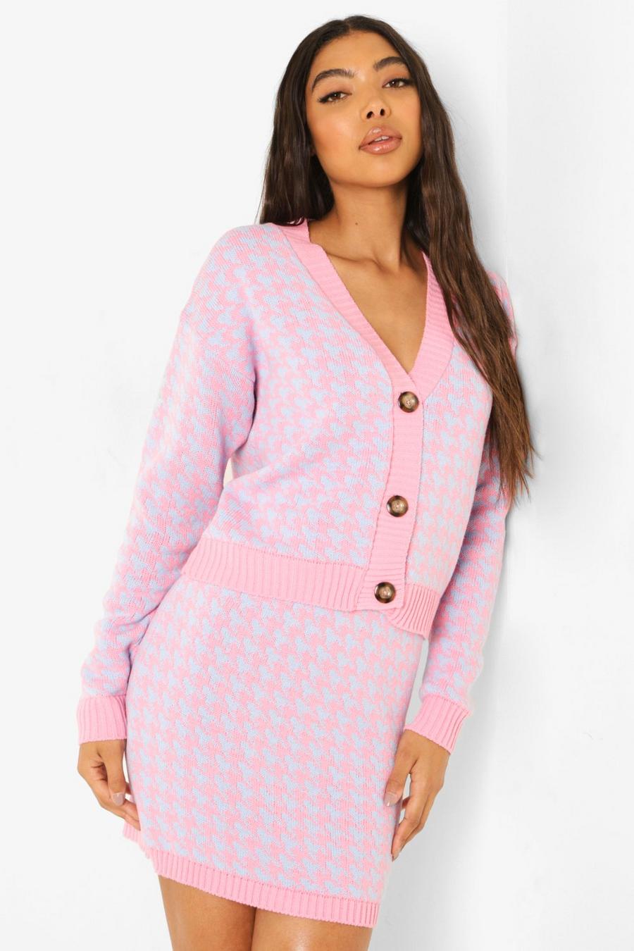 Pink Tall Knitted Dogtooth Cropped Cardigan image number 1