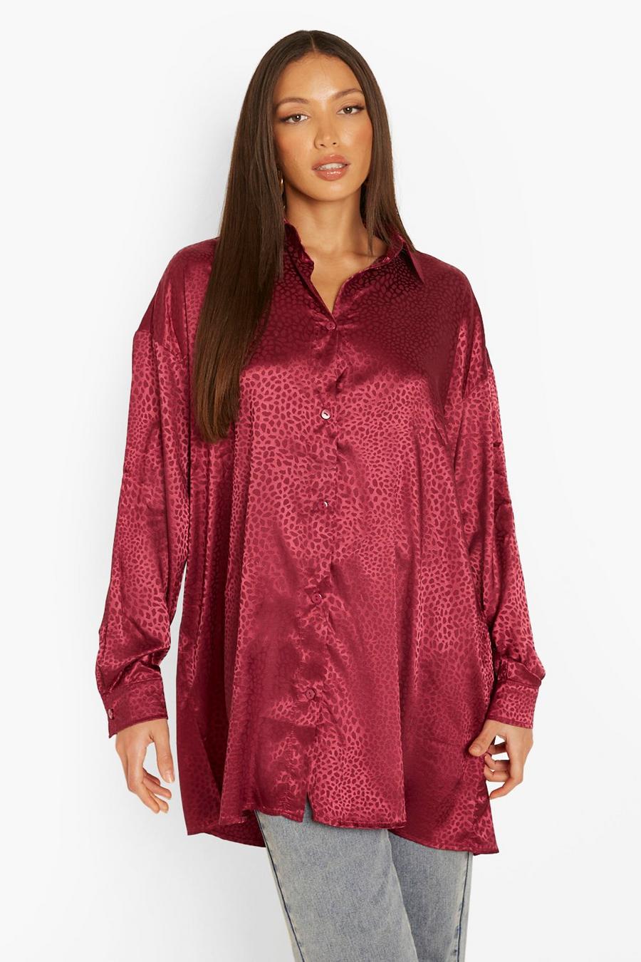 Berry Tall Leopard Satin Oversized Shirt image number 1