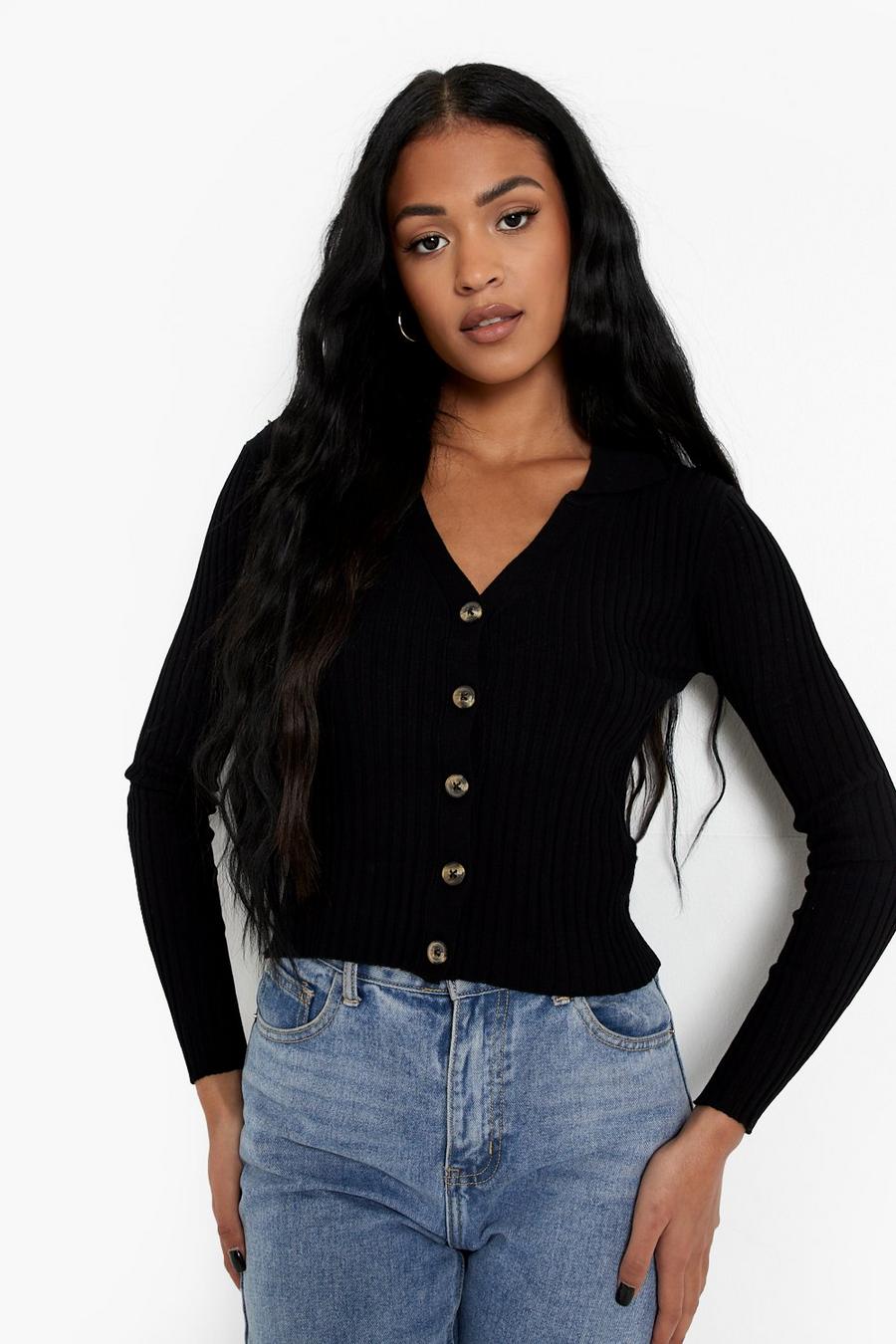 Black Tall Knitted Rib Collared Cardigan image number 1