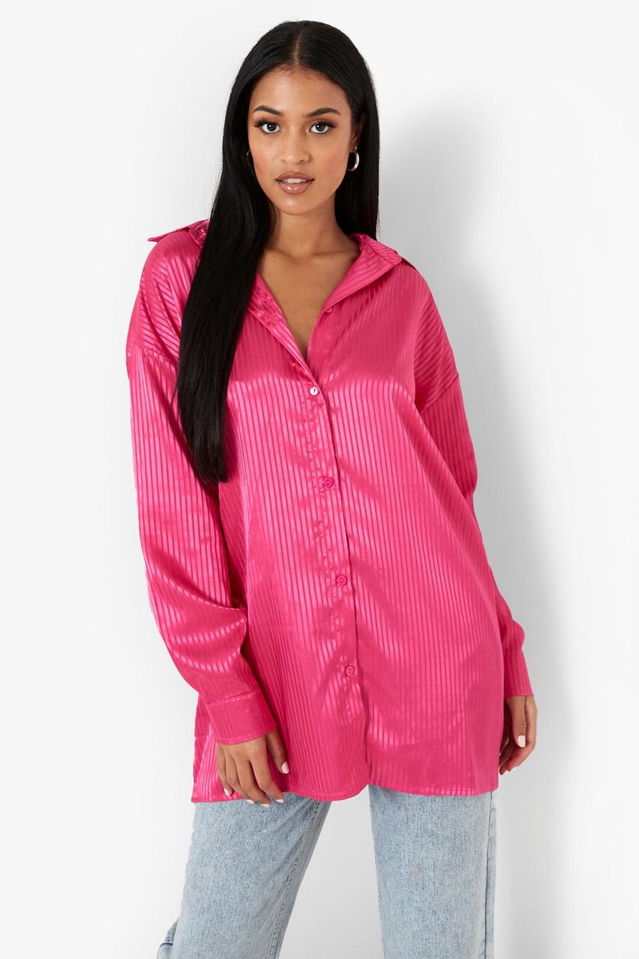 Hot pink Tall - Randig oversize skjorta i satin image number 1