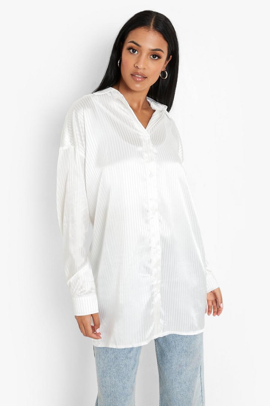 שנהב blanco חולצת אוברסייז מבד סאטן עם פסים לנשים גבוהות image number 1