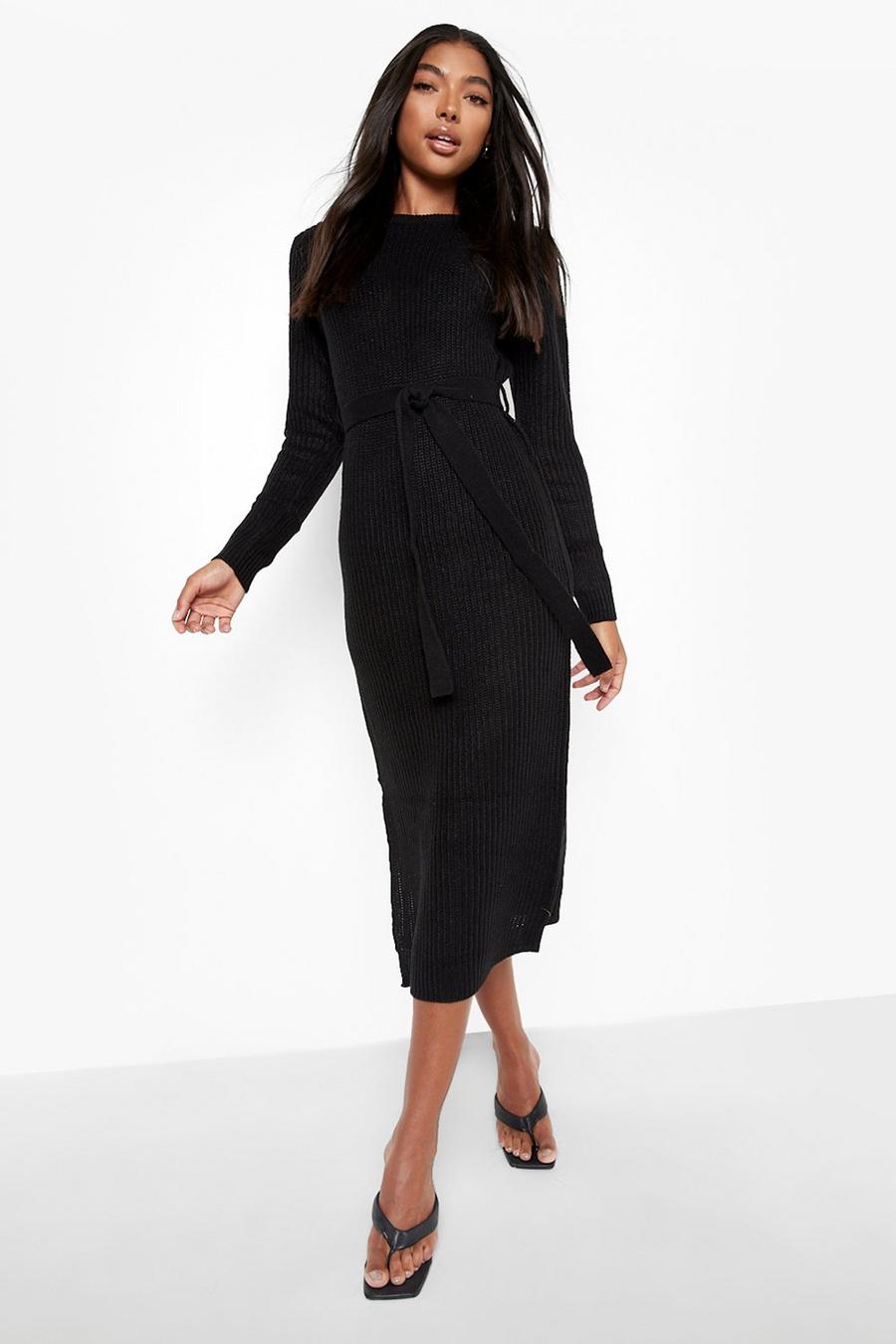 Black Tall Knitted Belted Midi Dress image number 1