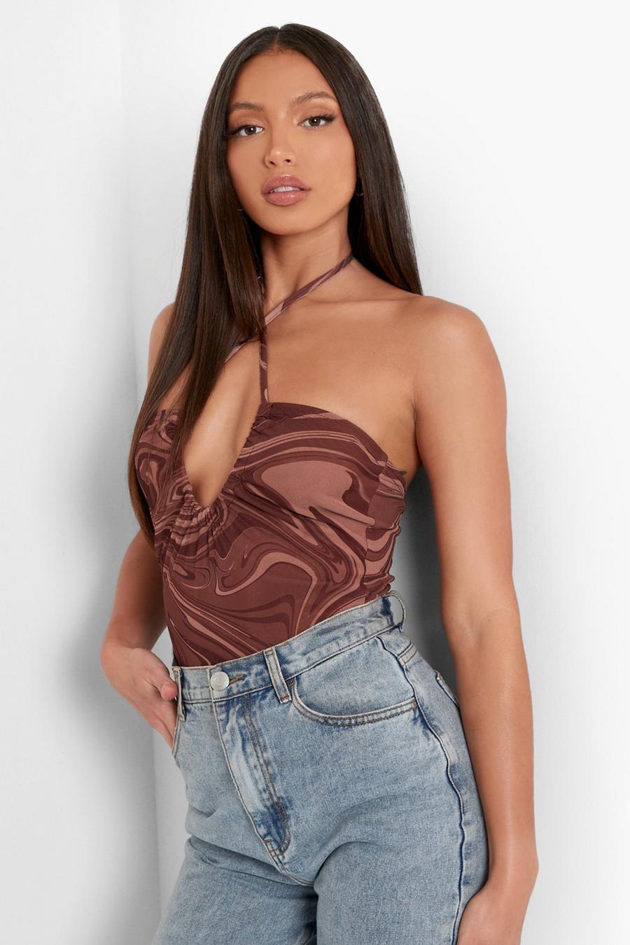 Chocolate Tall Marble Print Halter Neck Bodysuit image number 1