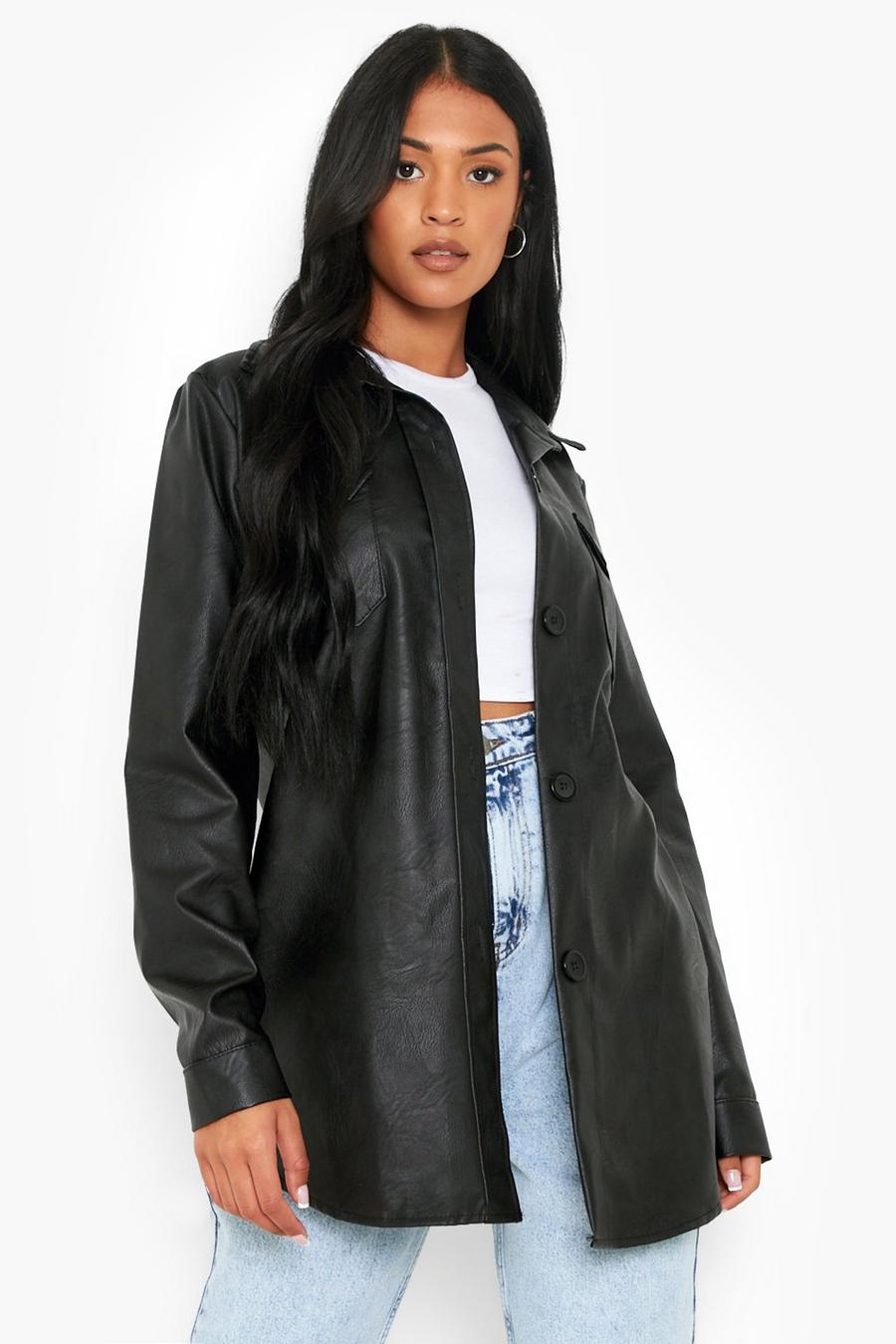 Black Tall Oversized Faux Leather Shacket image number 1