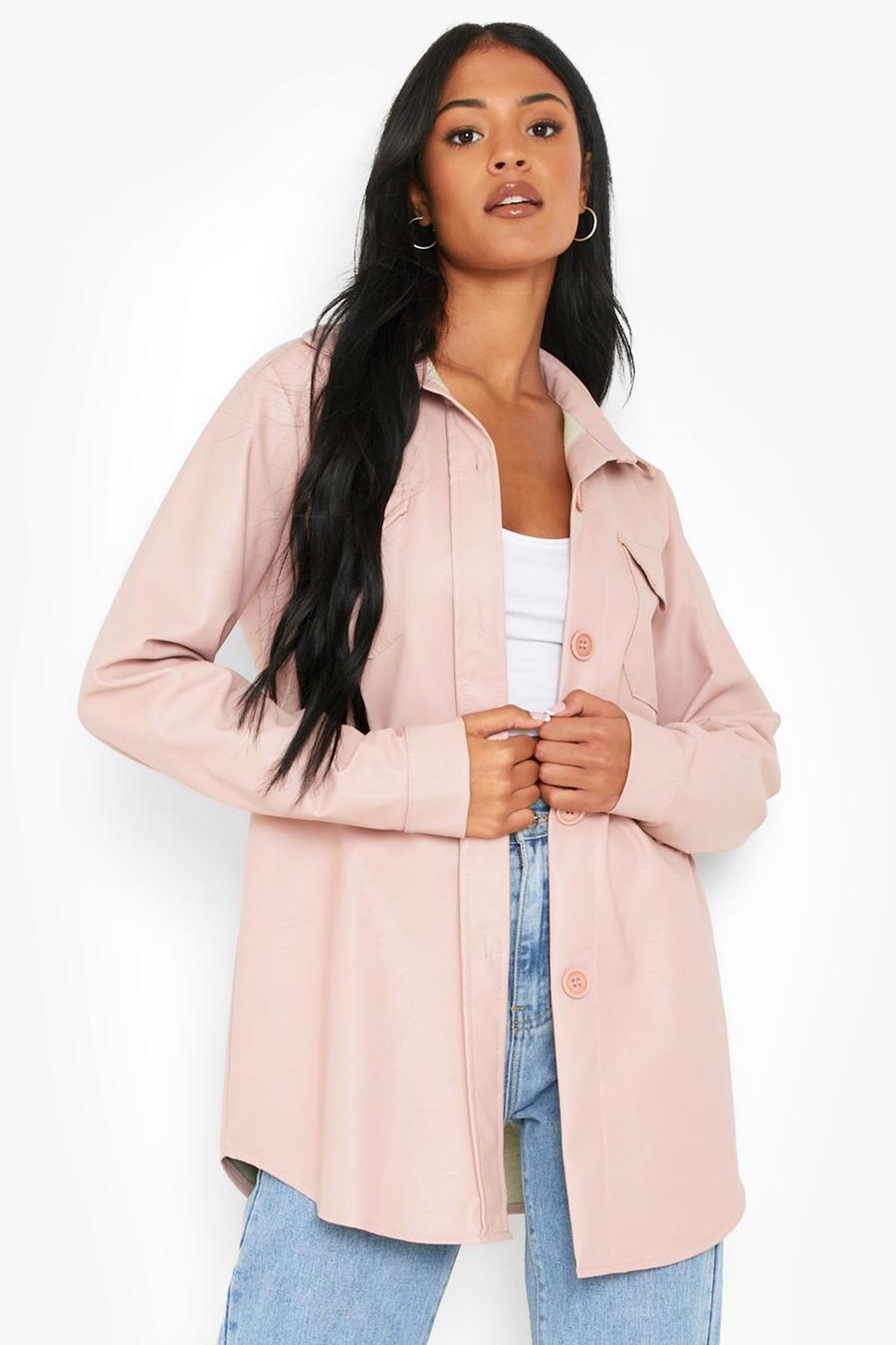 Pink Tall Oversized Faux Leather Shacket image number 1