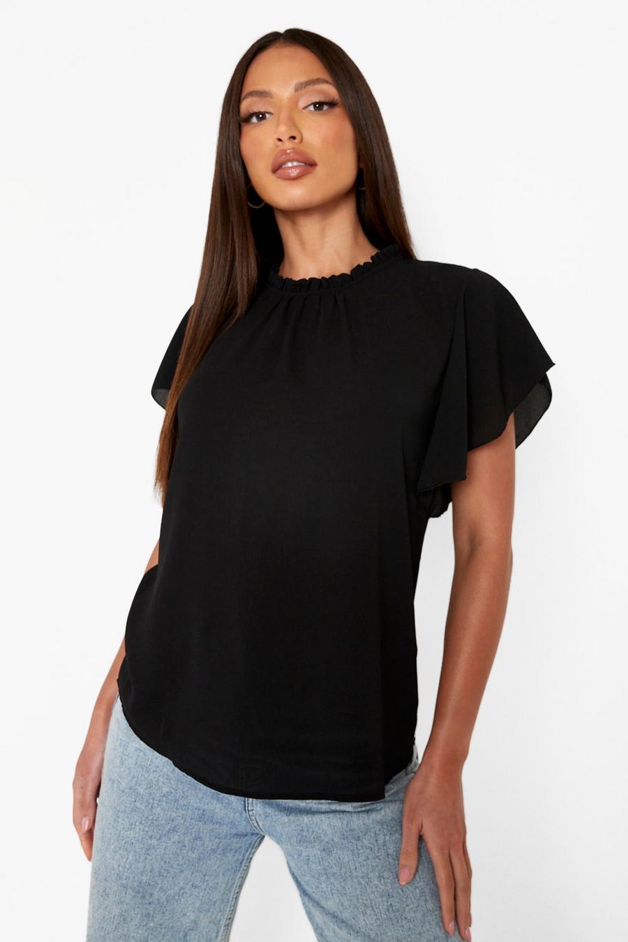 Black Tall Woven Frill Sleeve And Neck Blouse image number 1