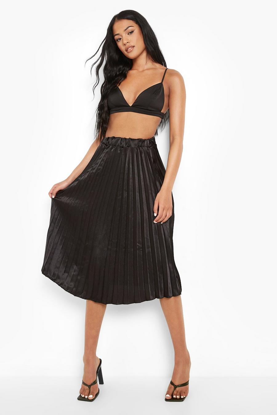 Black Tall Satin Pleated Midi Skirt image number 1
