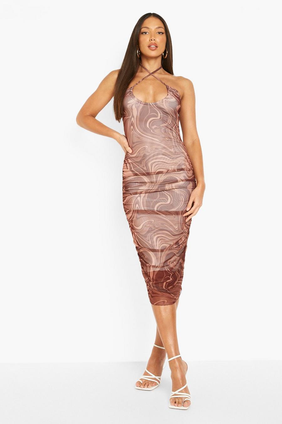 שוקולד שמלת מידי עם הדפס שיש וצווארון קולר לנשים גבוהות image number 1