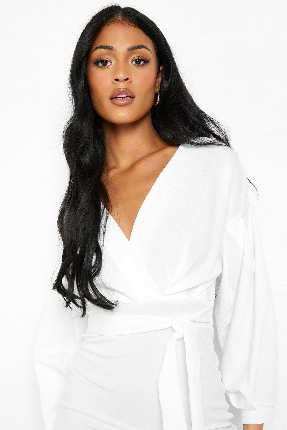 off the shoulder white wrap dress