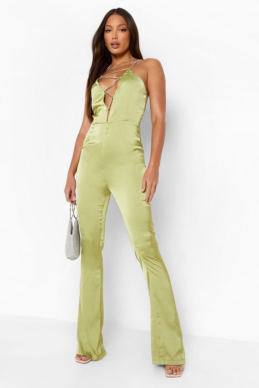 Lime green Tall Satin Diamante Trim Flared Jumpsuit image number 1