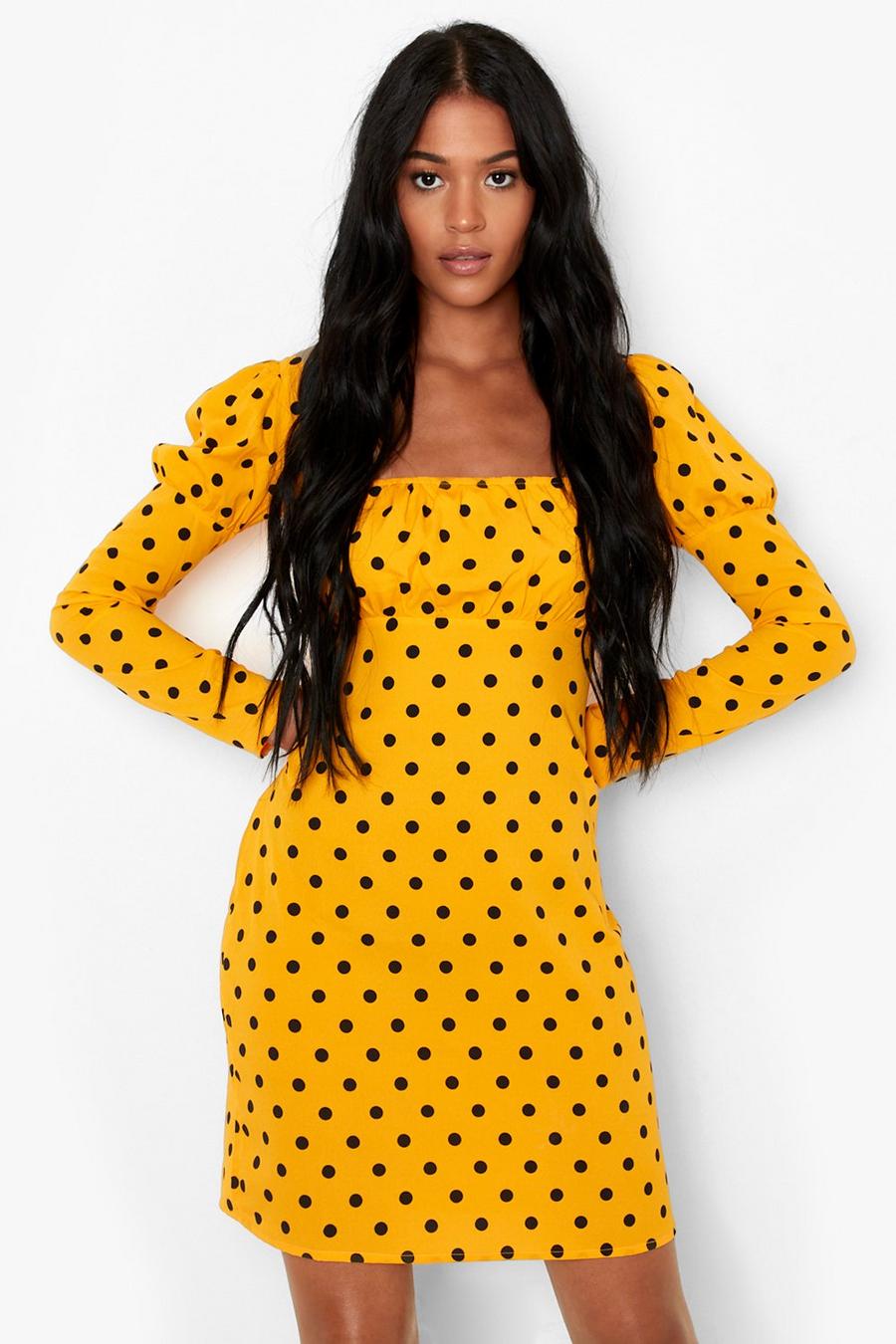 Mustard Tall Polka Dot Print Mini Dress image number 1