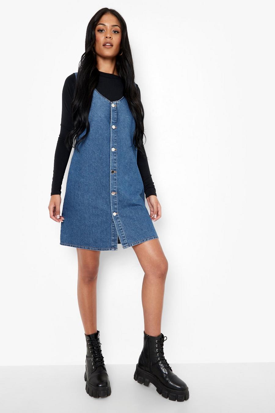 Mid blue Tall Button Down Denim Pinafore Dress image number 1