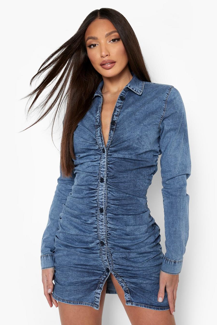כחול ביניים שמלת חולצה מבד ג'ינס עם כיווצים בחזית וכפתורים לכל האורך לנשים גבוהות image number 1
