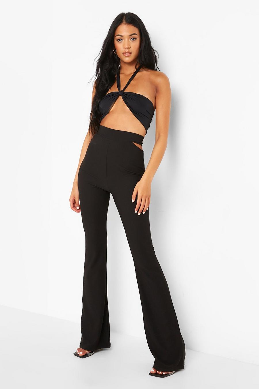 Black Tall Cut Out Rib Flare Pants image number 1