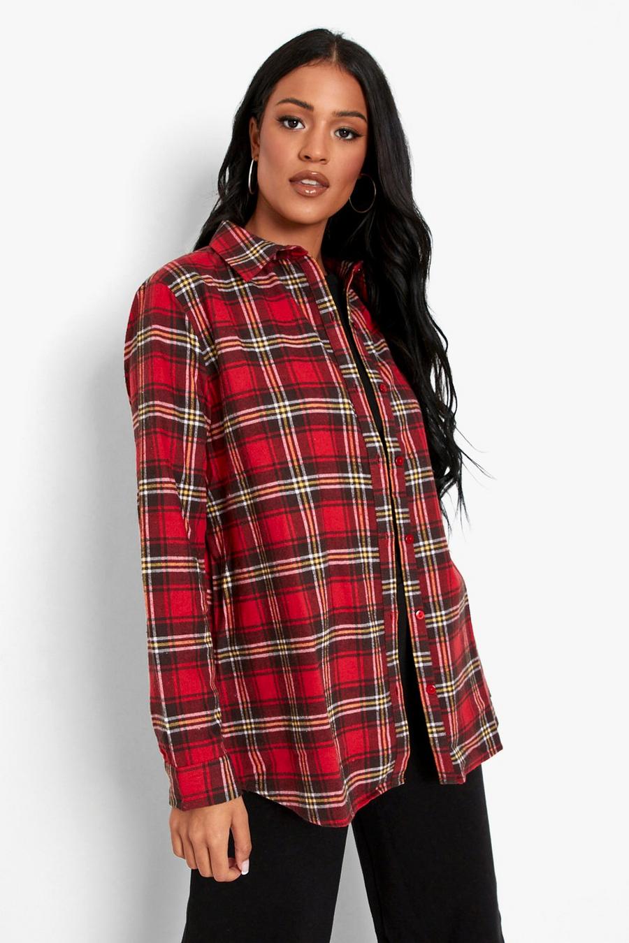 Red Tall Oversized Brushed Check Boyfriend Shirt image number 1