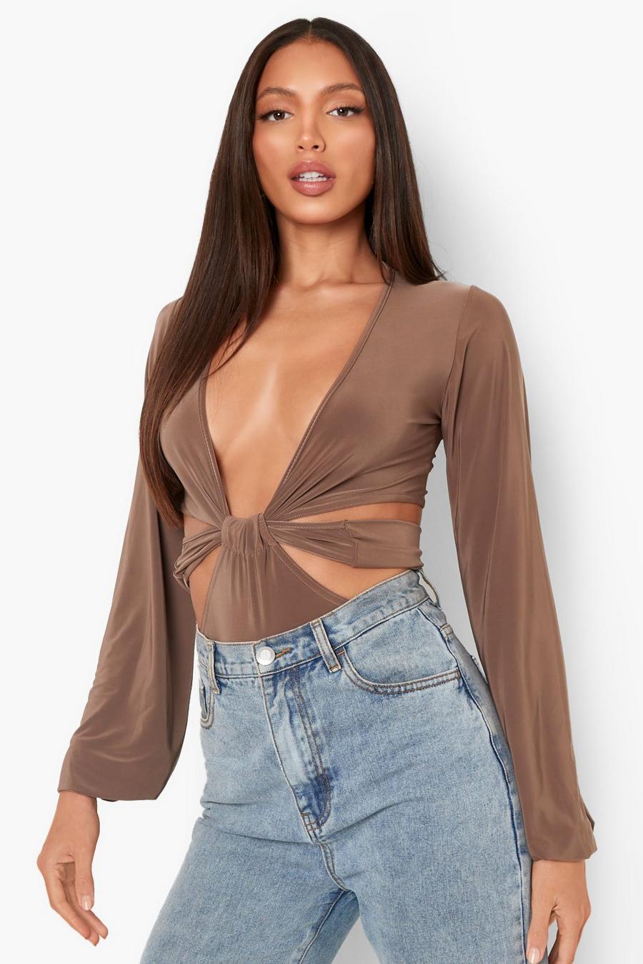 Mocha Tall Slinky Cut Out Bodysuit image number 1