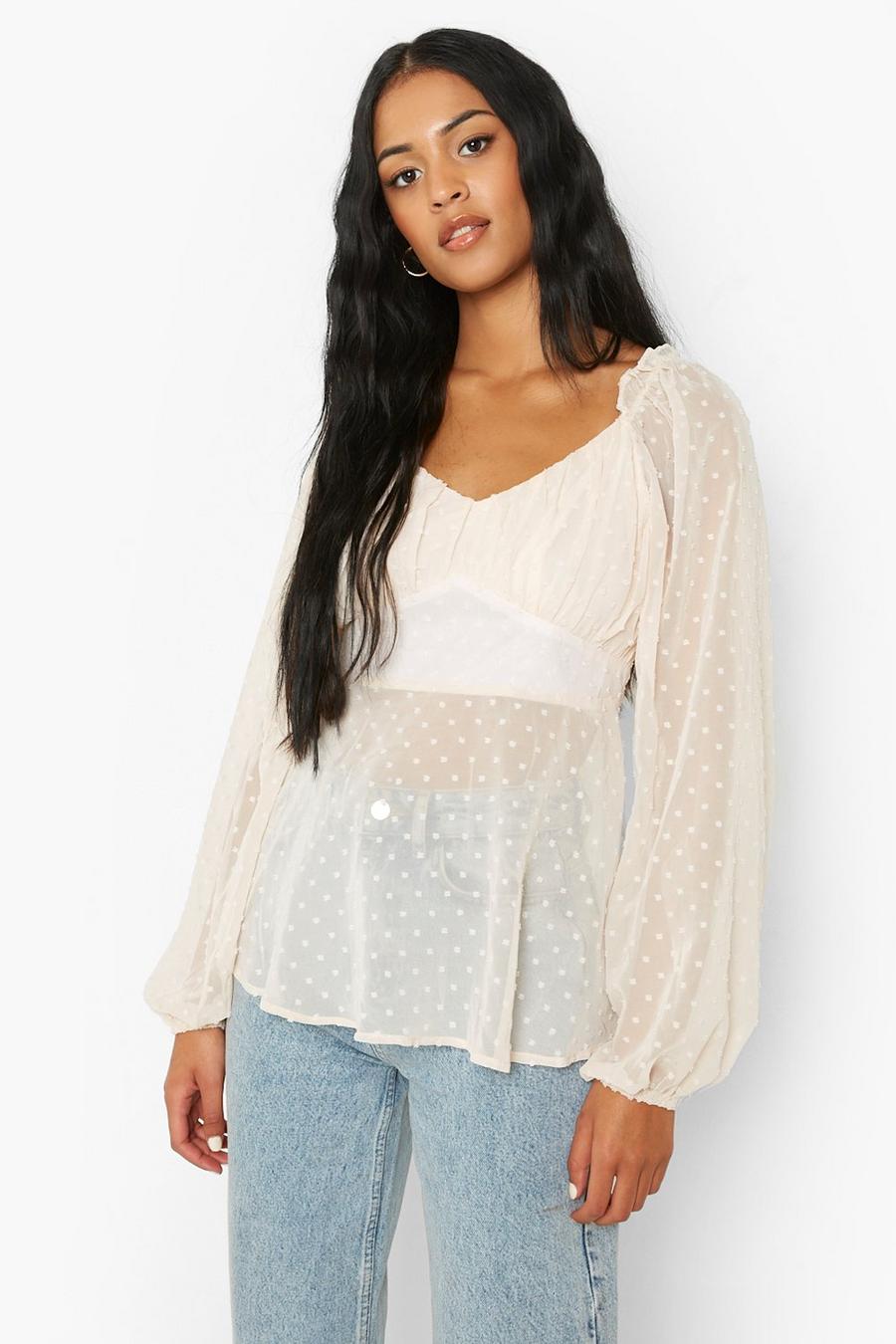 Cream Tall Dobby Mesh Corset Detail Blouse image number 1