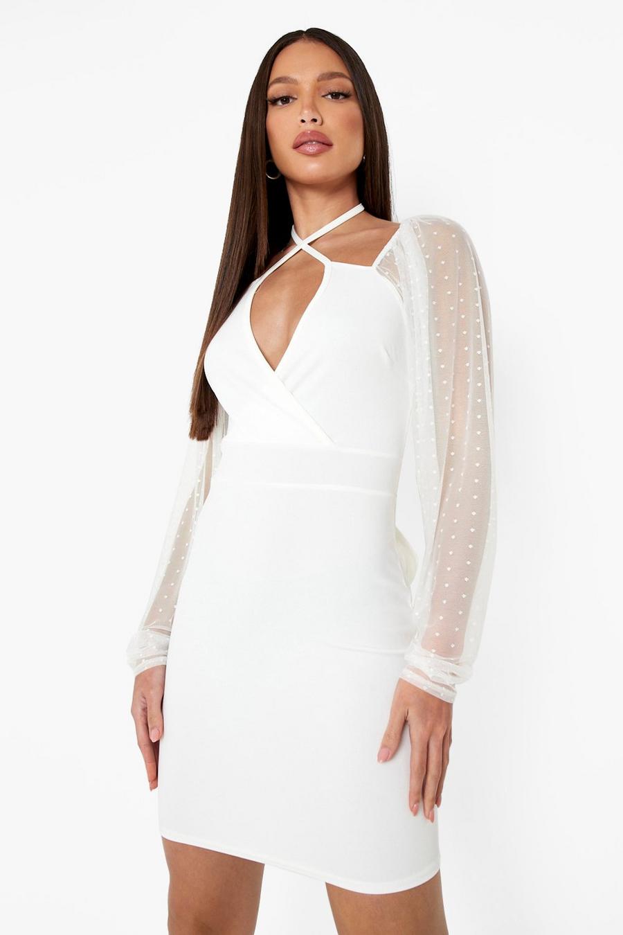 Ivory Tall Dobby Sleeve Tie Neck Bodycon Dress image number 1