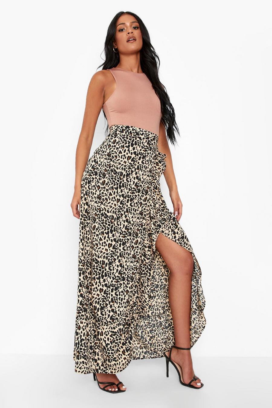 Brown marron Tall Leopard Ruffle Maxi Skirt image number 1