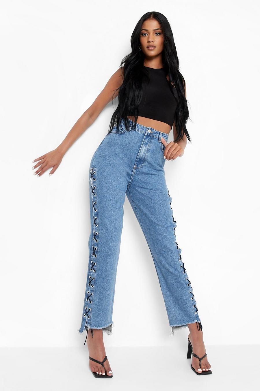 Mid blue Tall Lace Up Side Straight Leg Jeans image number 1