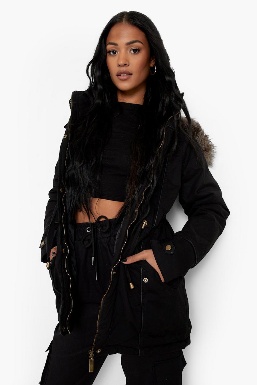 Black Tall Parka With Faux Fur Trim Hood image number 1