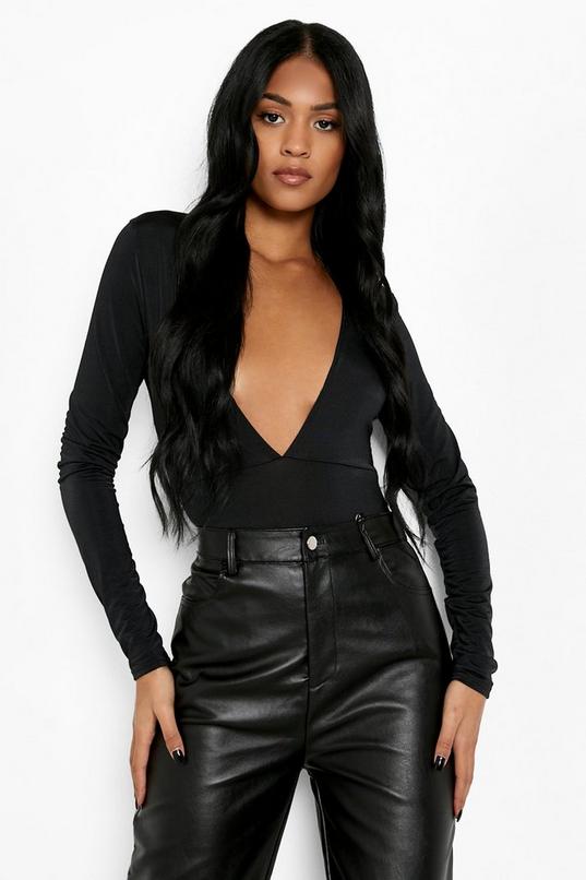 Long Sleeve Faux Leather Bodysuit in Black ($22) ❤ liked on Polyvore  featuring intimates, long-sleeve bodysuits, long sleeve …